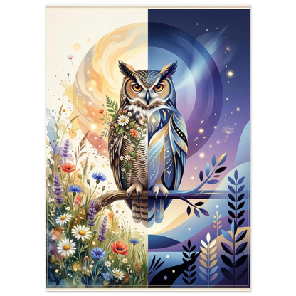 Konstnärlig uggleposter med färgstarka blommor och mörkblå nattlig grafik