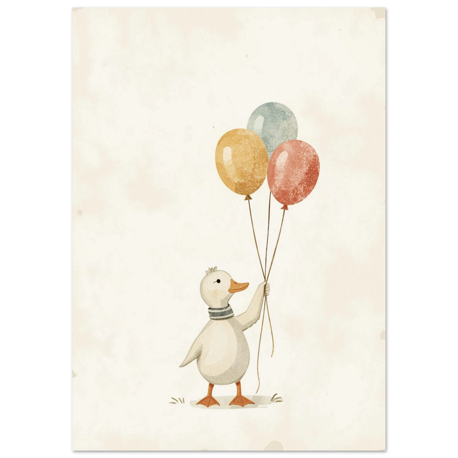 Mjuk akvarellposter föreställande en söt anka med ballonger i dämpade toner