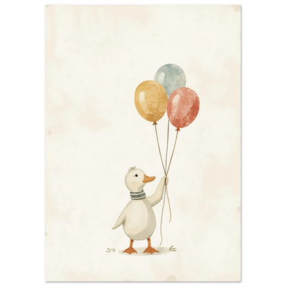 Mjuk akvarellposter föreställande en söt anka med ballonger i dämpade toner