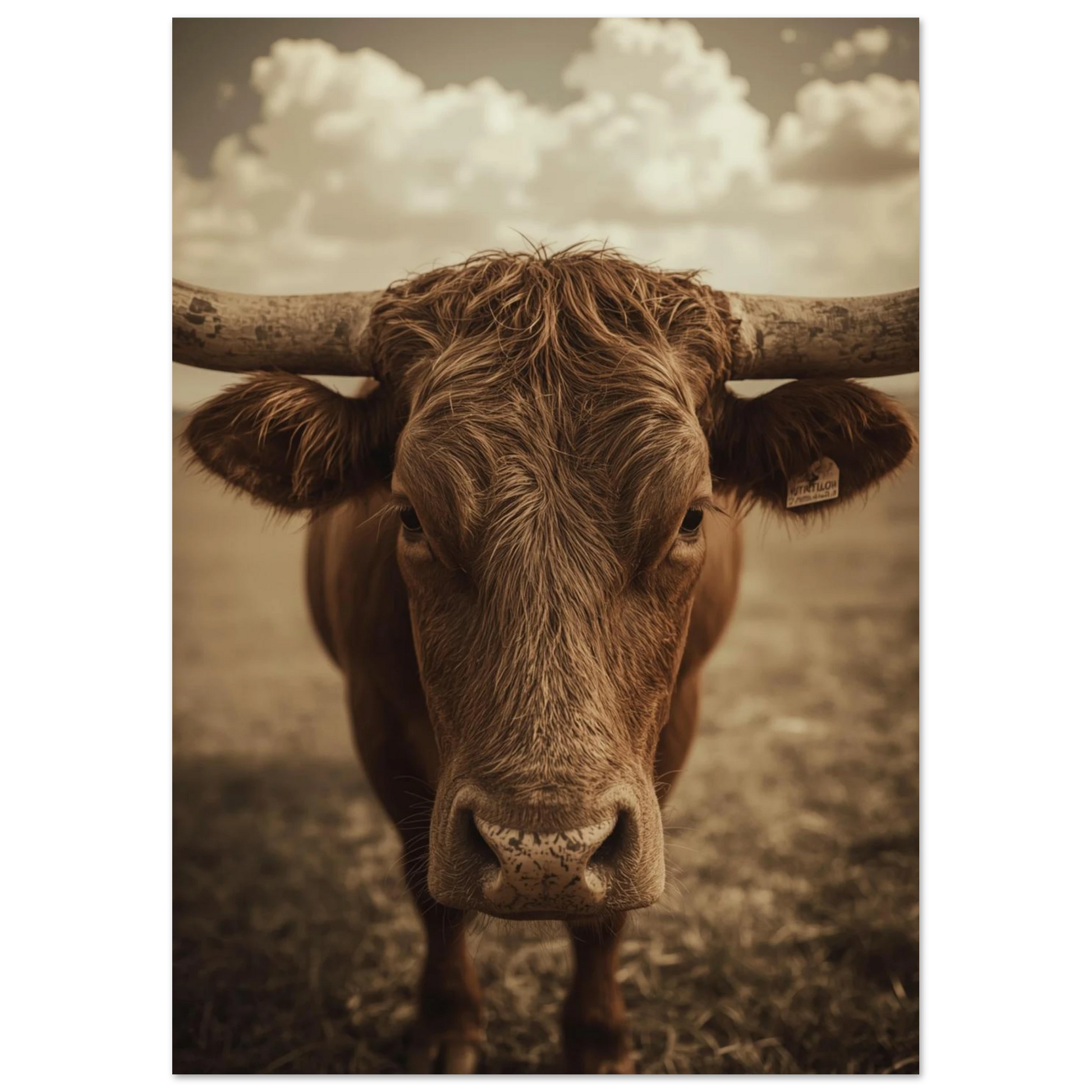 Detaljrikt porträtt av en stoisk Longhorn-ko i varmt brunt ljus