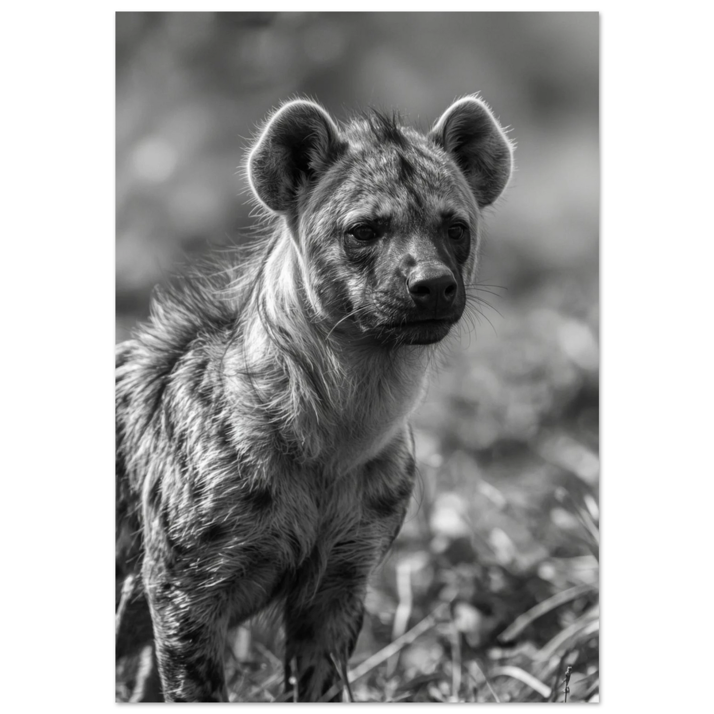 Svartvitt fotoporträtt av en fläckig hyena med intensiv blick