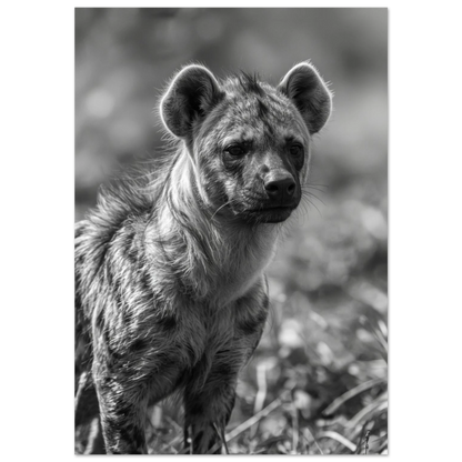 Svartvitt fotoporträtt av en fläckig hyena med intensiv blick