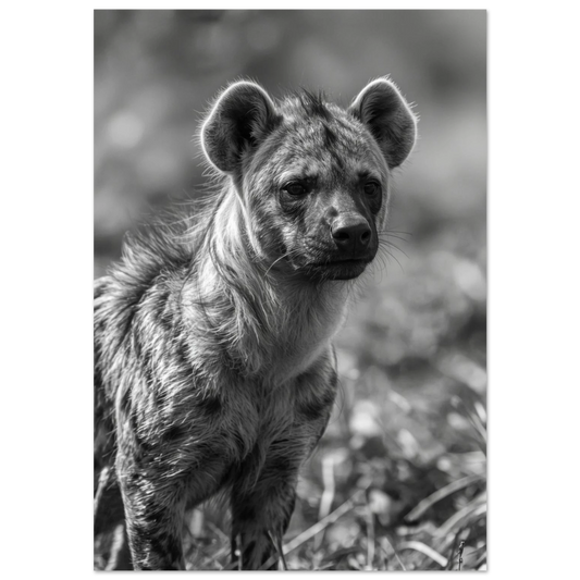 Svartvitt fotoporträtt av en fläckig hyena med intensiv blick