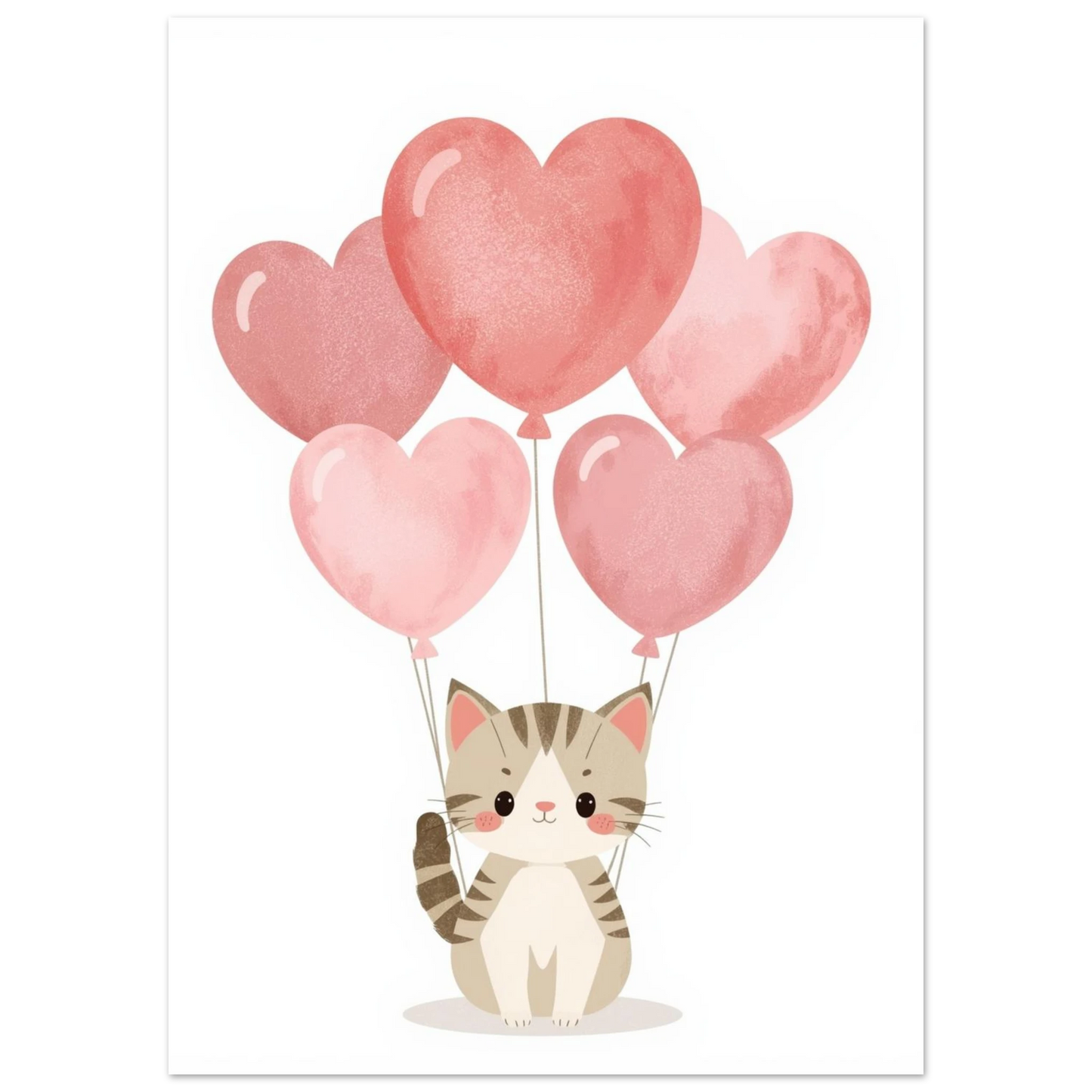 Illustration av liten katt som håller i fem rosa hjärtan – barnrumskonst
