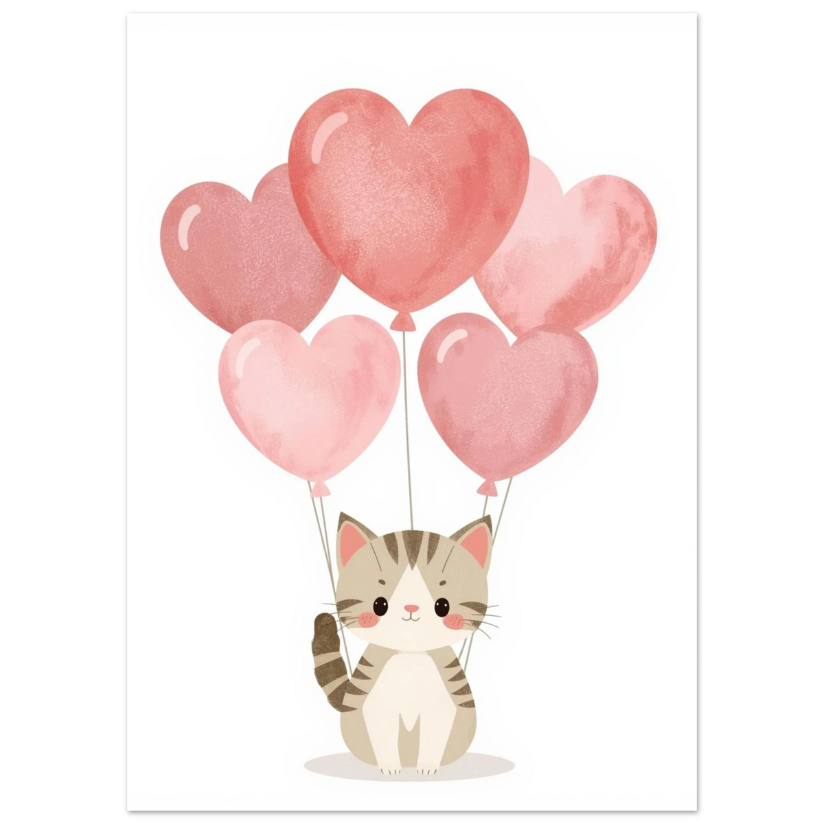 Illustration av liten katt som håller i fem rosa hjärtan – barnrumskonst
