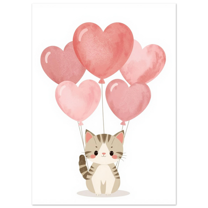 Illustration av liten katt som håller i fem rosa hjärtan – barnrumskonst