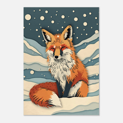 Konstnärligt print med en vaksam räv i ett vintrigt och snöigt landskap