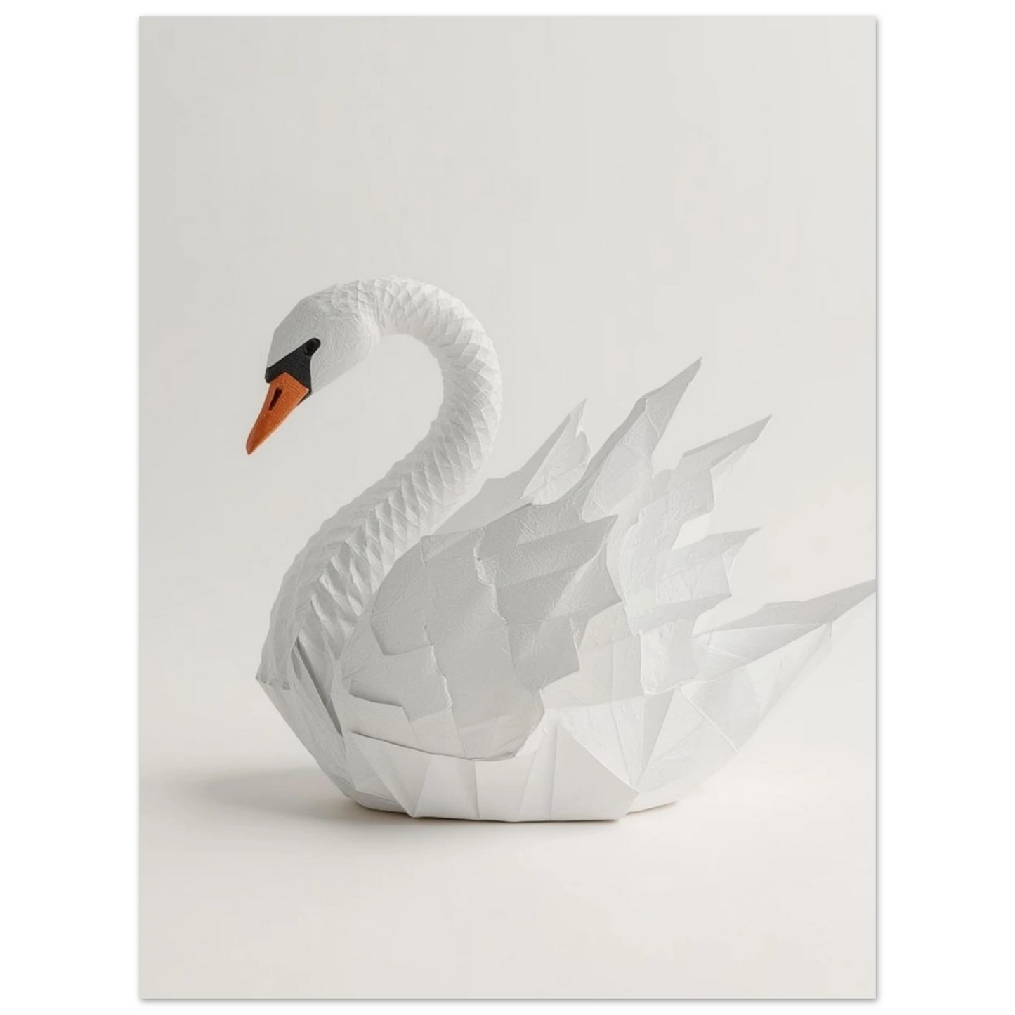 Modern väggkonst med en vit svan i papperskonst-stil, ren design