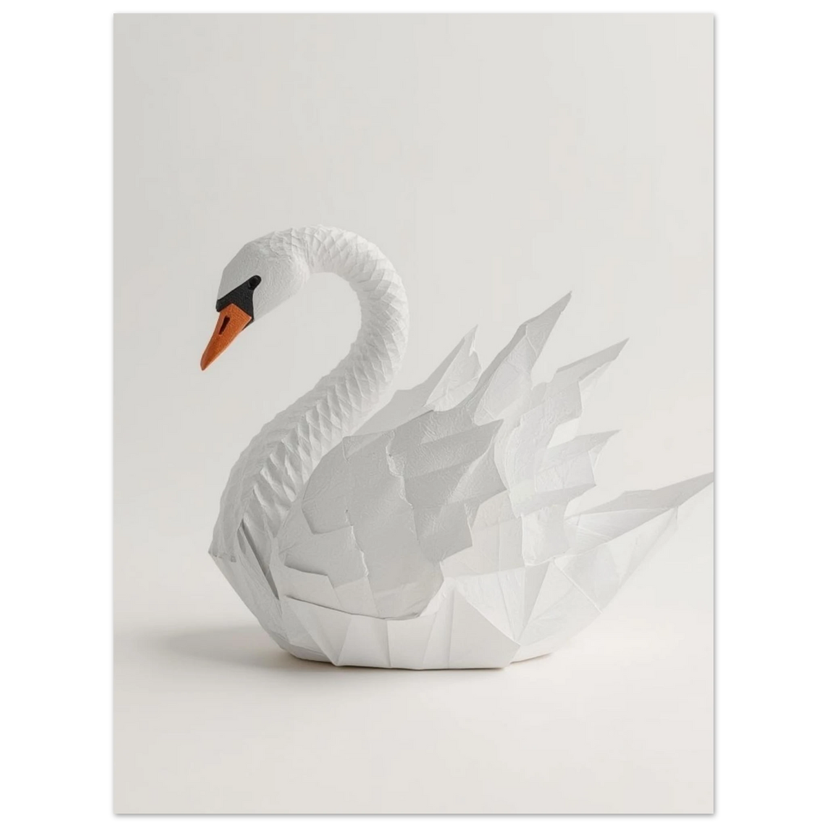 Modern väggkonst med en vit svan i papperskonst-stil, ren design