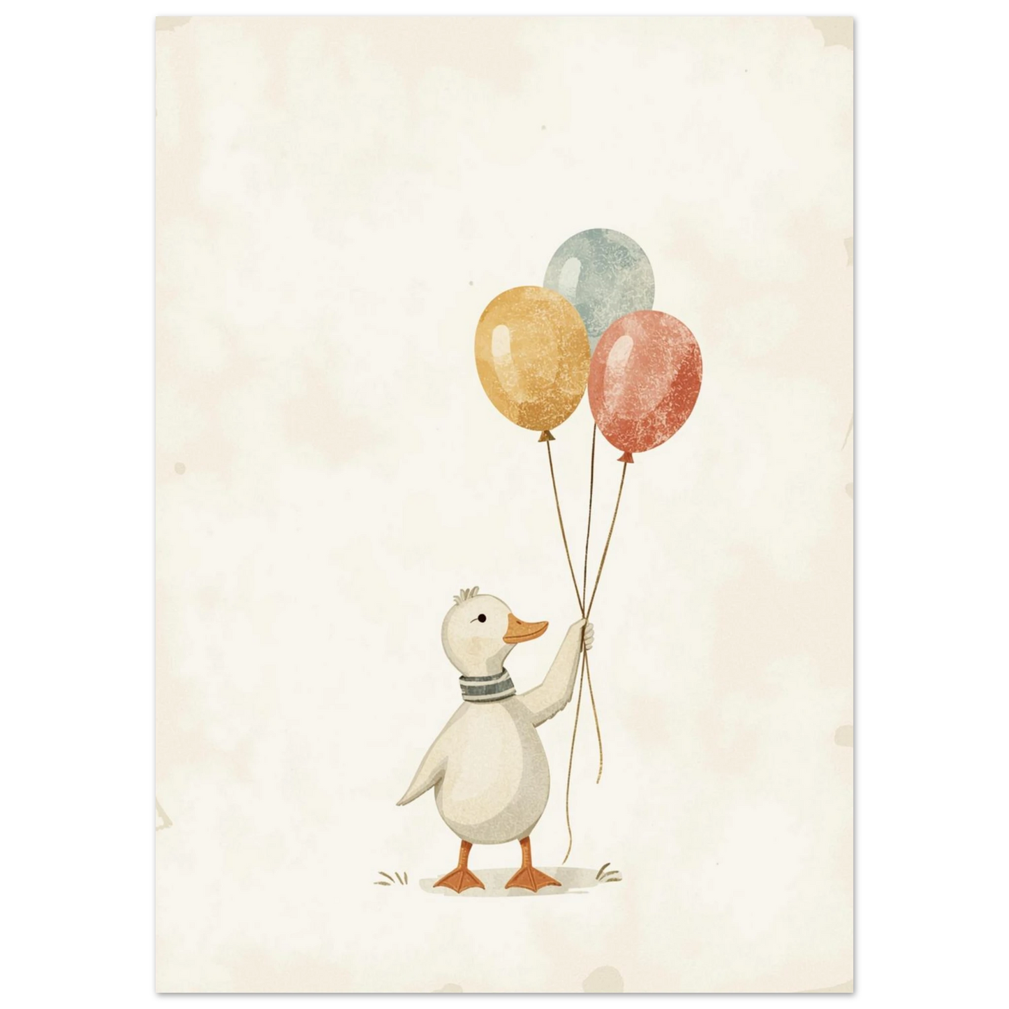Nostalgisk illustration av en liten anka som håller i ballonger, vintage-stil