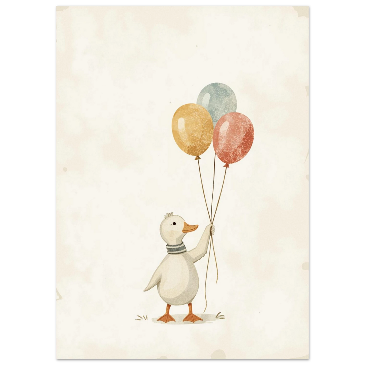 Nostalgisk illustration av en liten anka som håller i ballonger, vintage-stil