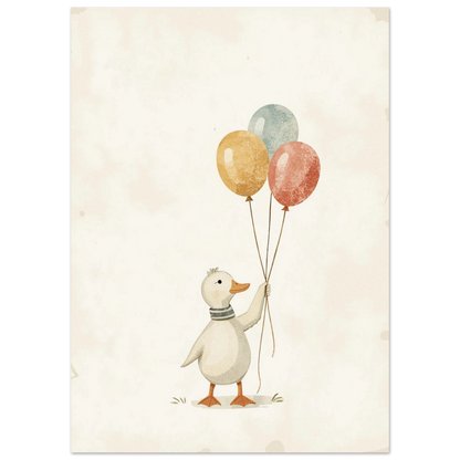 Nostalgisk illustration av en liten anka som håller i ballonger, vintage-stil