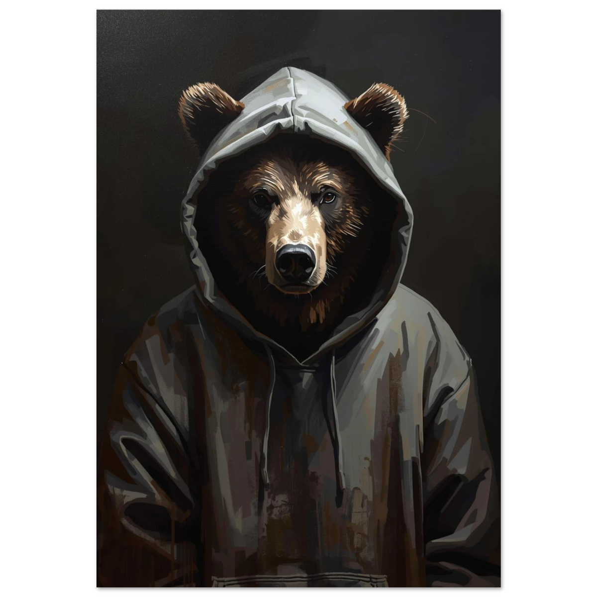Brunbjörn i mörkgrå hoodie med huvan uppfälld – urban digital konst
