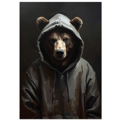 Brunbjörn i mörkgrå hoodie med huvan uppfälld – urban digital konst
