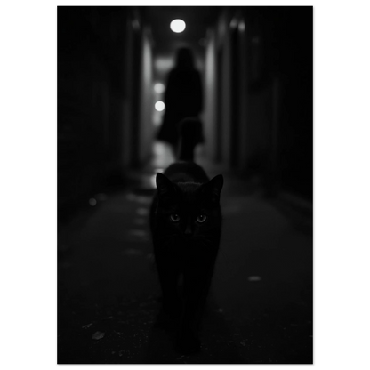 Närbild av svart katt i skuggig korridor, mystisk djurposter
