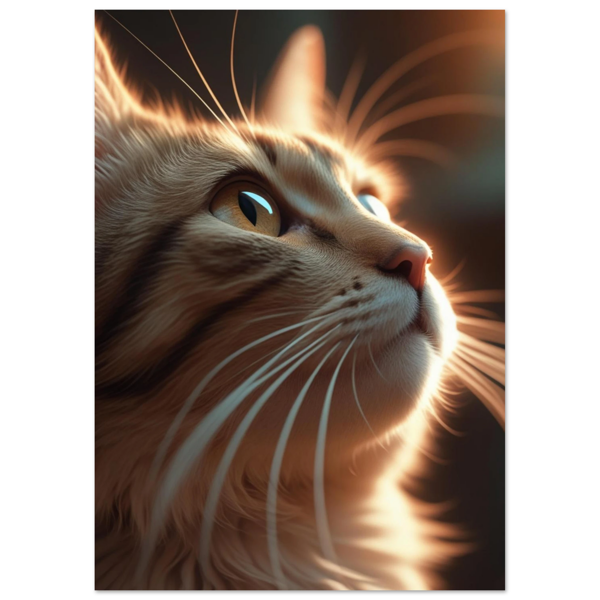 Fotorealistisk tavla av en orange katt i mjukt gyllene sken