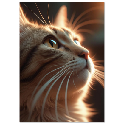 Fotorealistisk tavla av en orange katt i mjukt gyllene sken