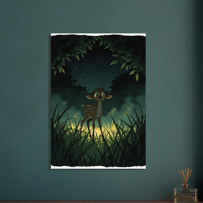 Litet rådjur i sagolik skogsnatt, Ghibli-inspirerad illustration med stjärnor