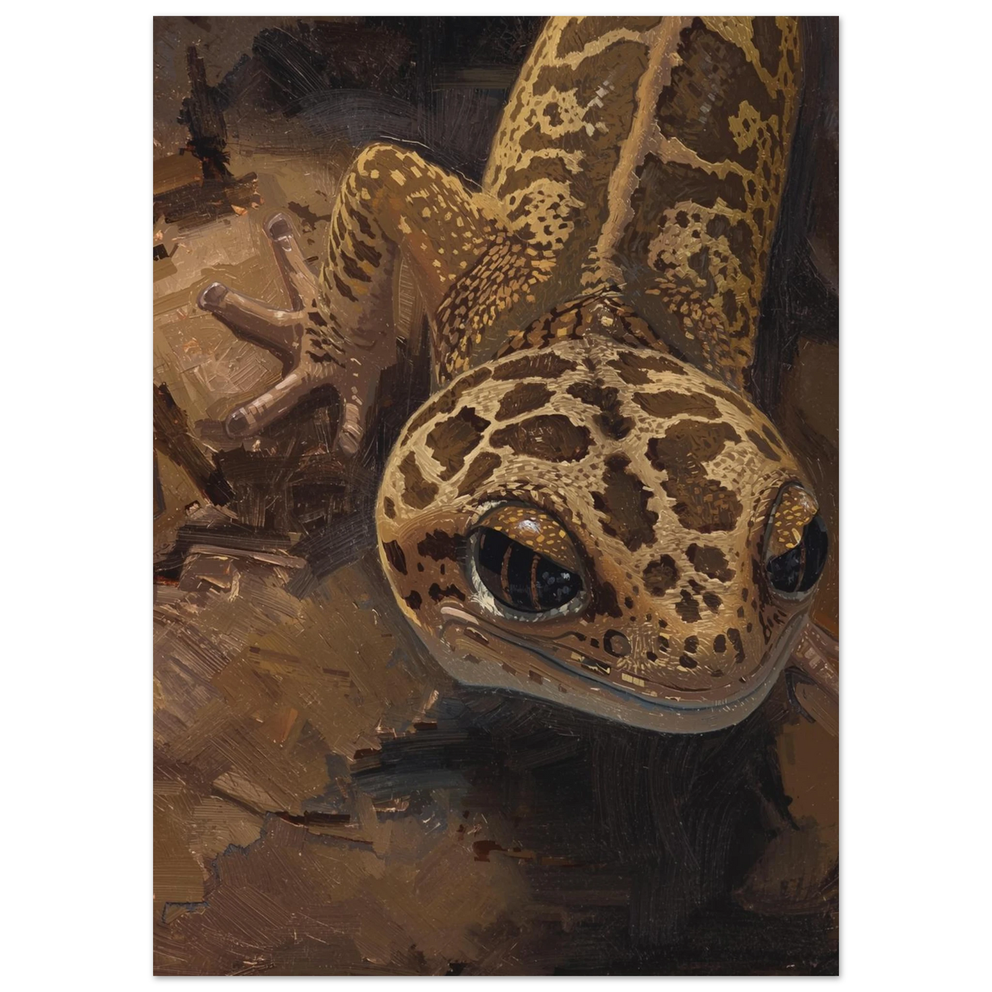 Konstnärlig reptilmålning av geckoödla med guldiga detaljer och grov textur