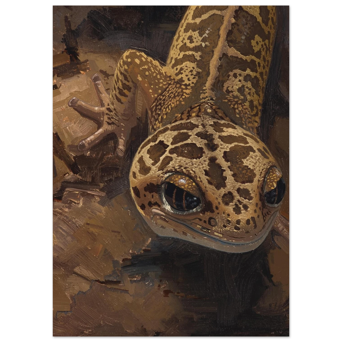 Konstnärlig reptilmålning av geckoödla med guldiga detaljer och grov textur