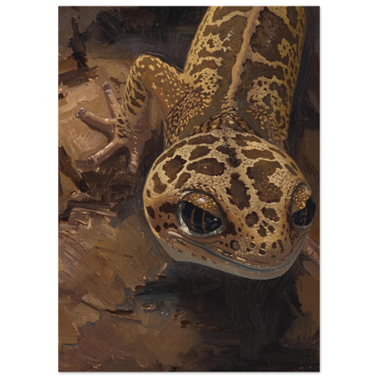 Konstnärlig reptilmålning av geckoödla med guldiga detaljer och grov textur