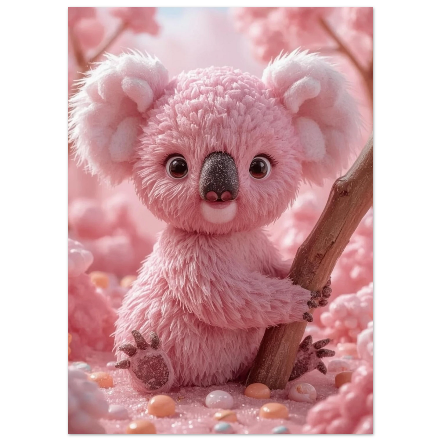 Söt koalafigur i rosa pastelltoner med stora uttrycksfulla ögon