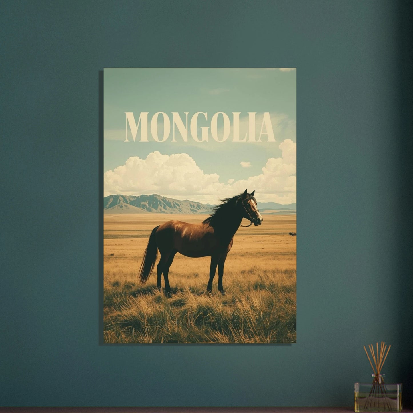 Majestätisk häst på mongoliska stäppen, vintage reseposter
