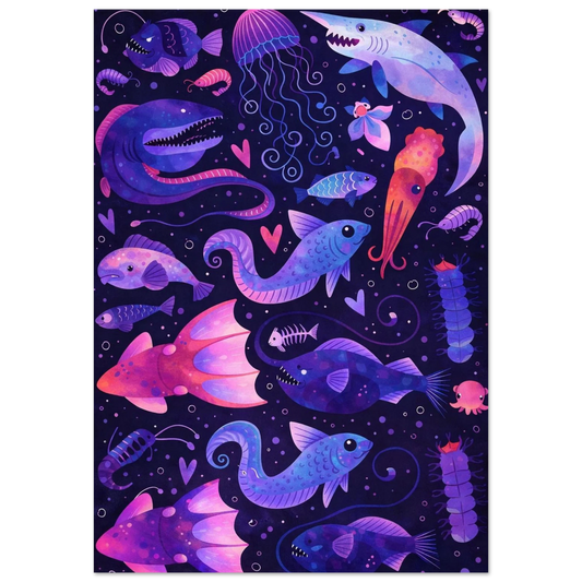Tecknad poster med djuphavsfiskar i lila och rosa nyanser – Tecknad poster