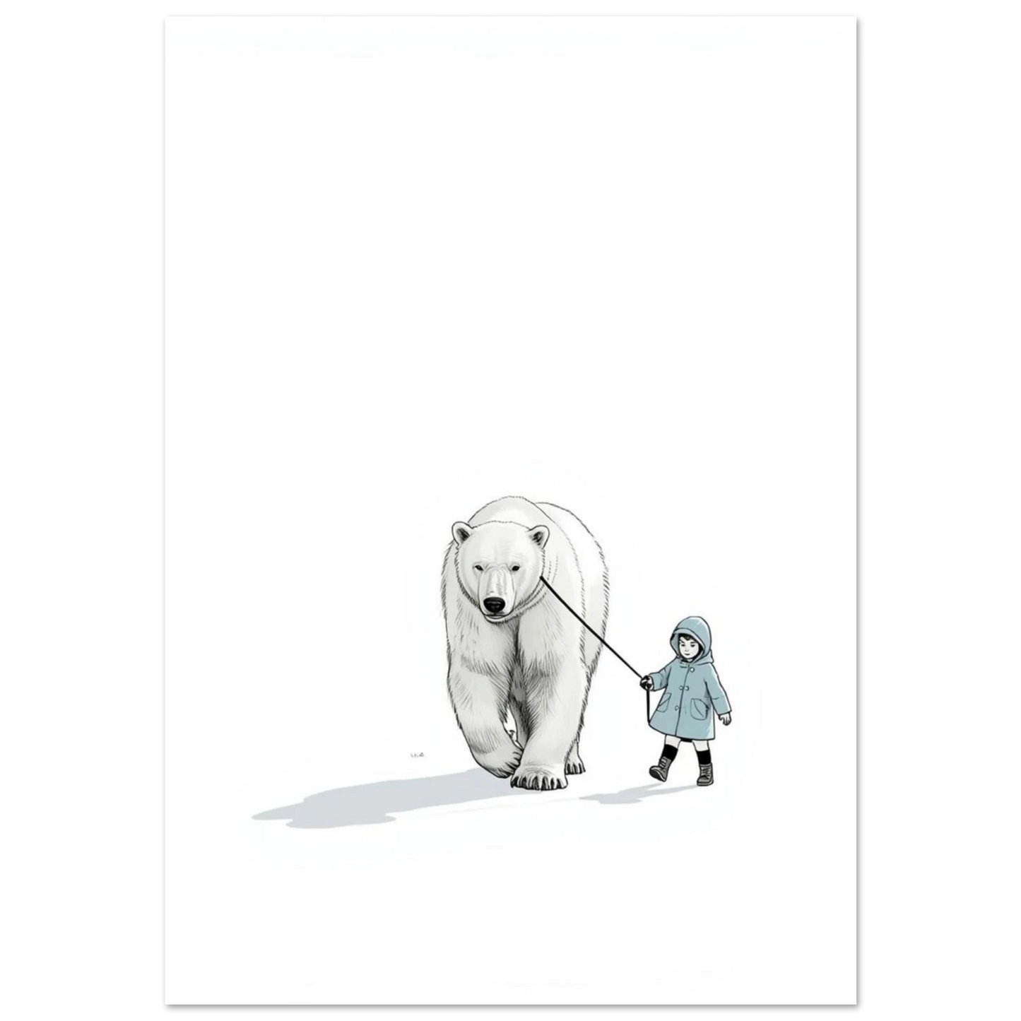 Minimalistisk illustration av en isbjörn och ett barn i ljusblå jacka