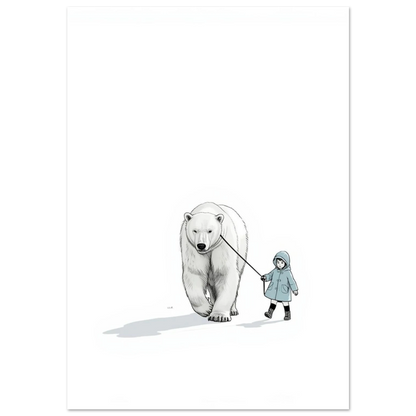Minimalistisk illustration av en isbjörn och ett barn i ljusblå jacka