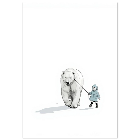 Minimalistisk illustration av en isbjörn och ett barn i ljusblå jacka