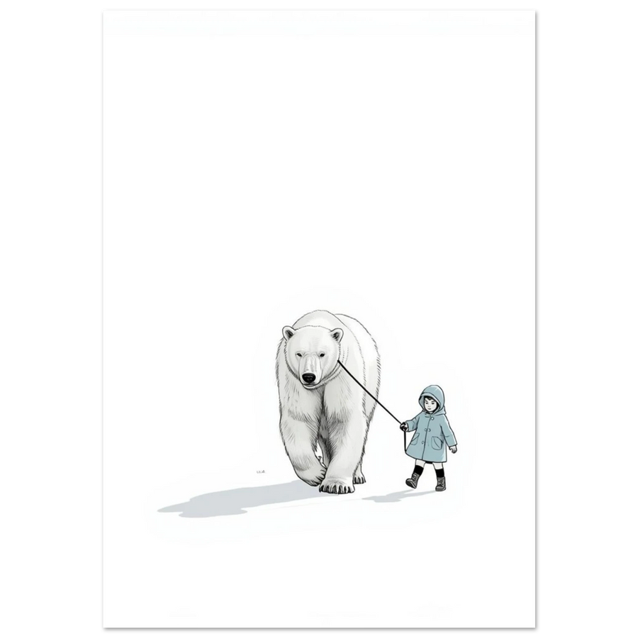 Minimalistisk illustration av en isbjörn och ett barn i ljusblå jacka