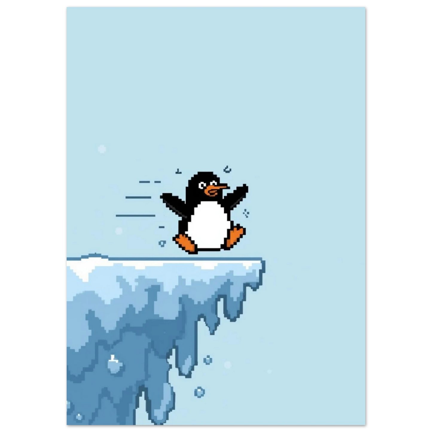 Nostalgisk 8-bitars pingvinposter med isformationer och snöflingor i pixelstil