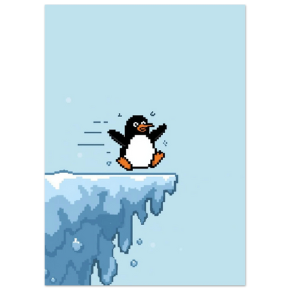 Nostalgisk 8-bitars pingvinposter med isformationer och snöflingor i pixelstil