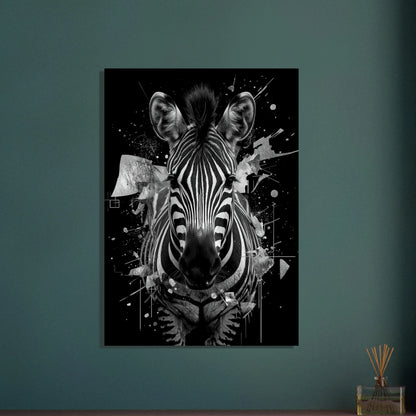 Zebra med grafiska ränder på svart bakgrund, konstnärlig stämning