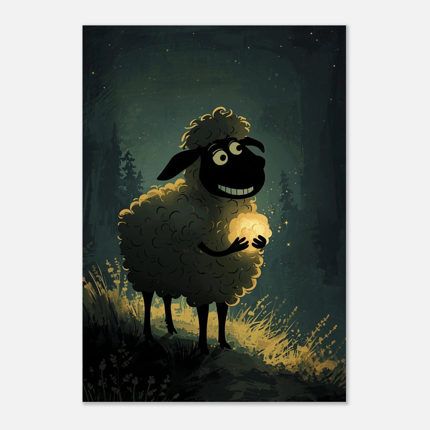 Sagoaktig illustration av ett får i skogen, poster med ljuseffekter