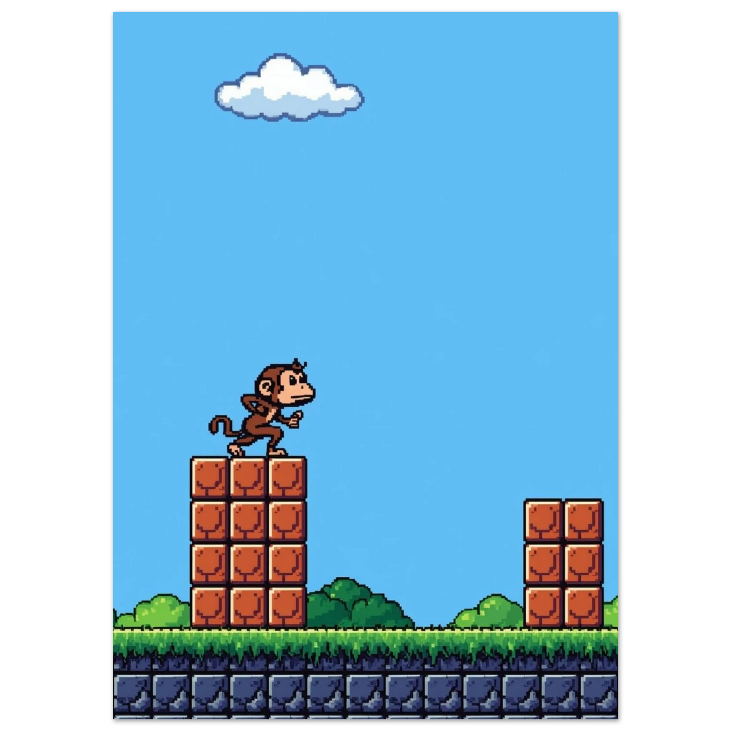Nostalgisk pixelkonst av en apa i spelmiljö med blå himmel