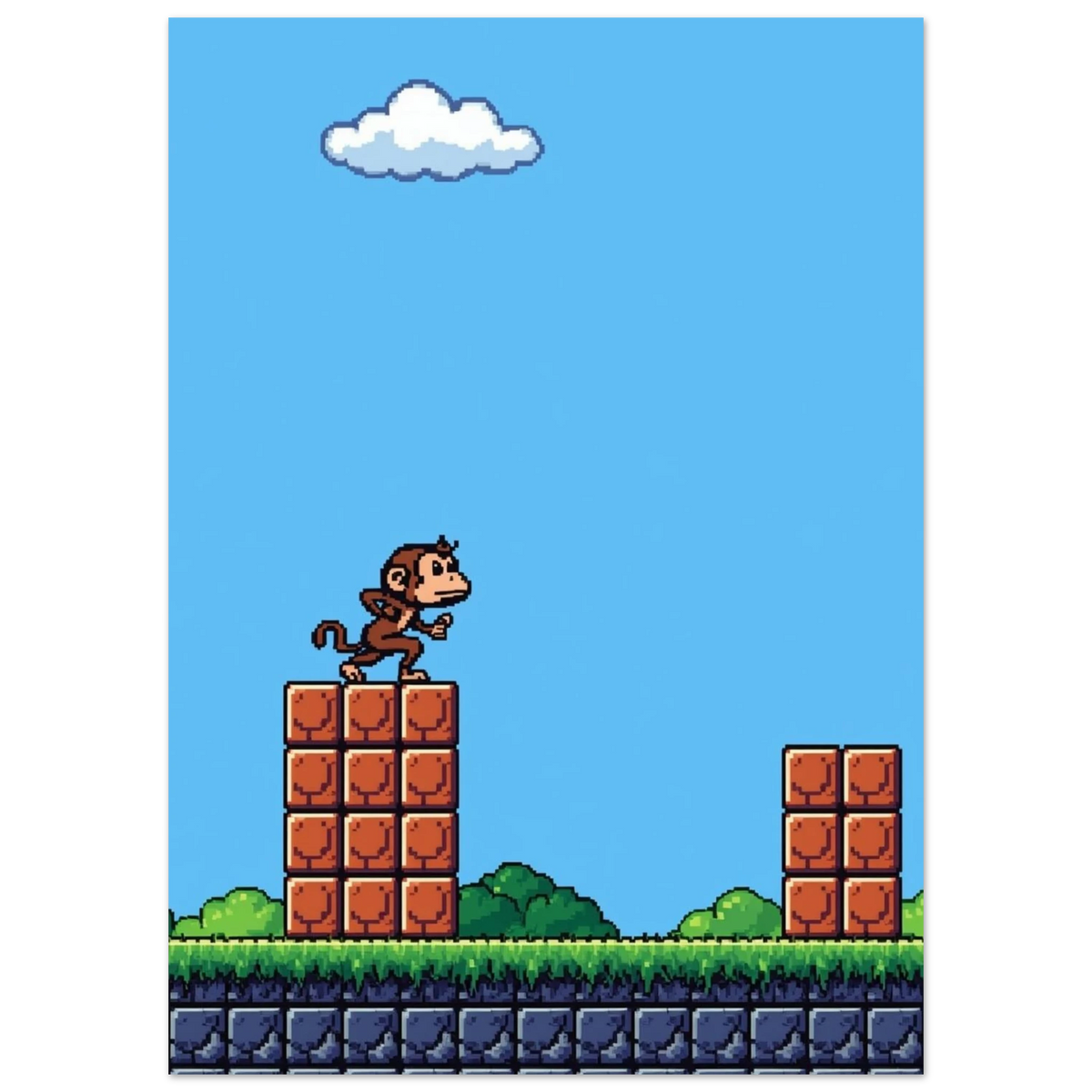 Nostalgisk pixelkonst av en apa i spelmiljö med blå himmel