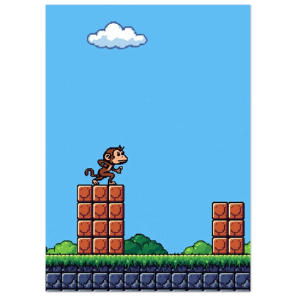 Nostalgisk pixelkonst av en apa i spelmiljö med blå himmel