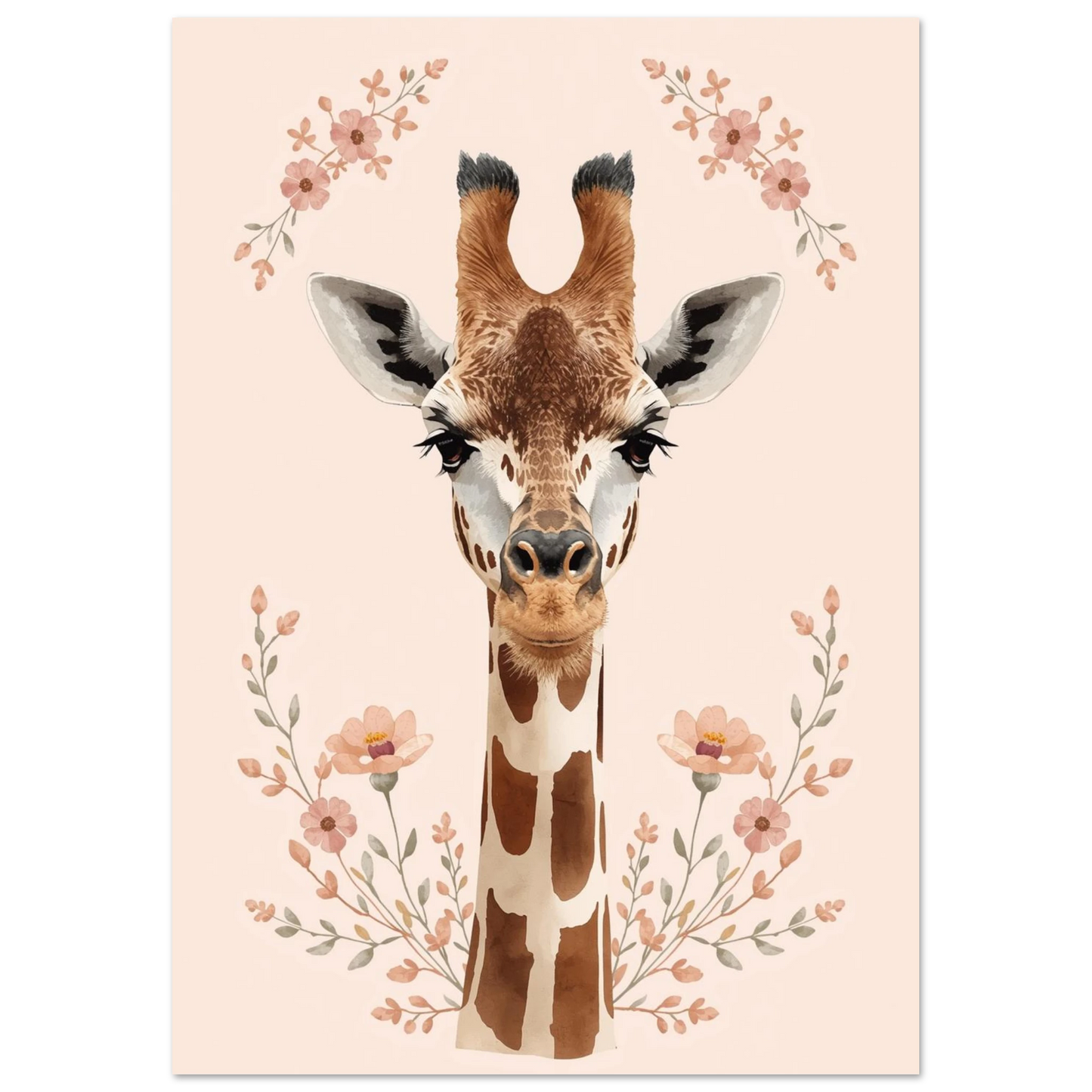 Ljus djurposter föreställande en giraff inramad av skira blomrankor i rosa