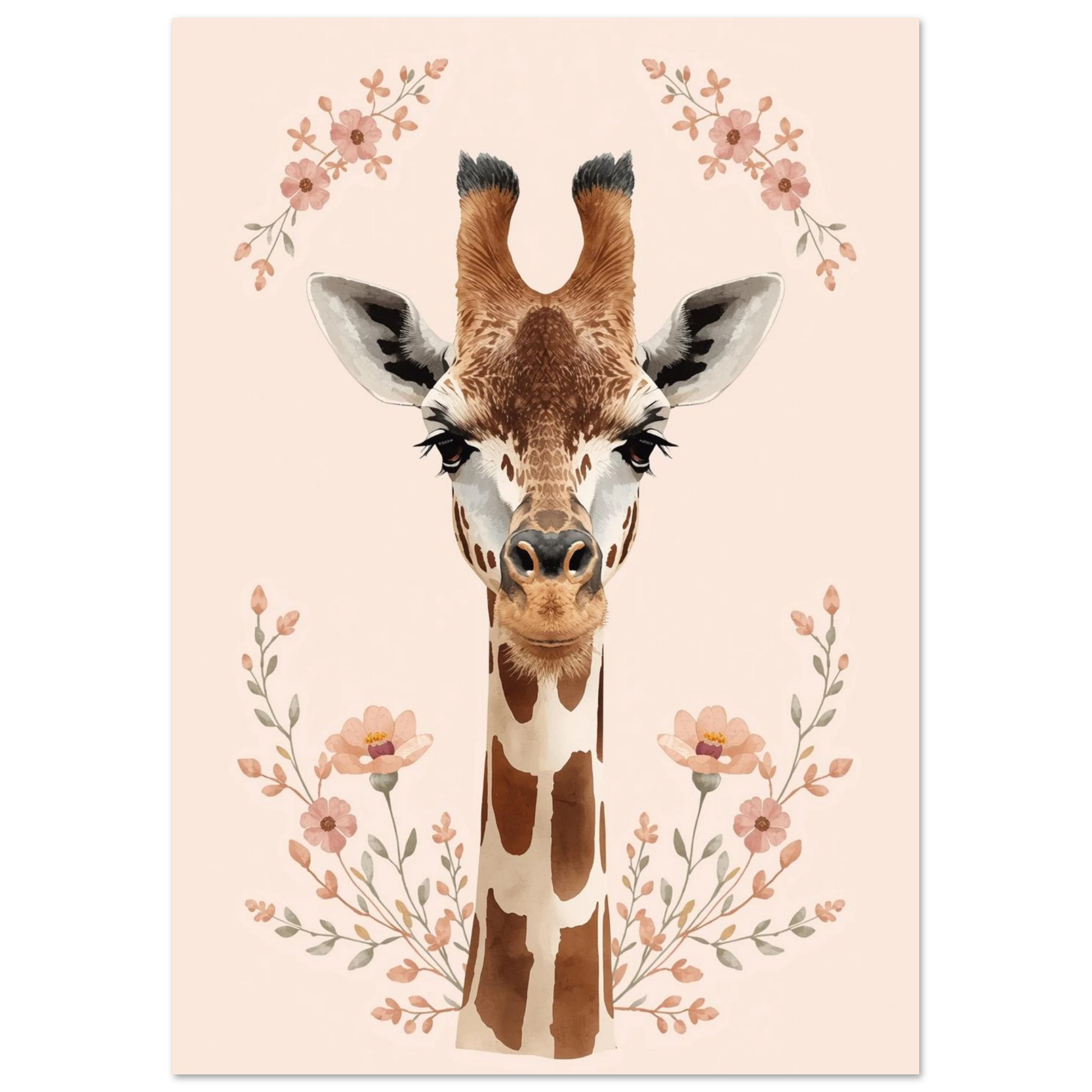 Ljus djurposter föreställande en giraff inramad av skira blomrankor i rosa