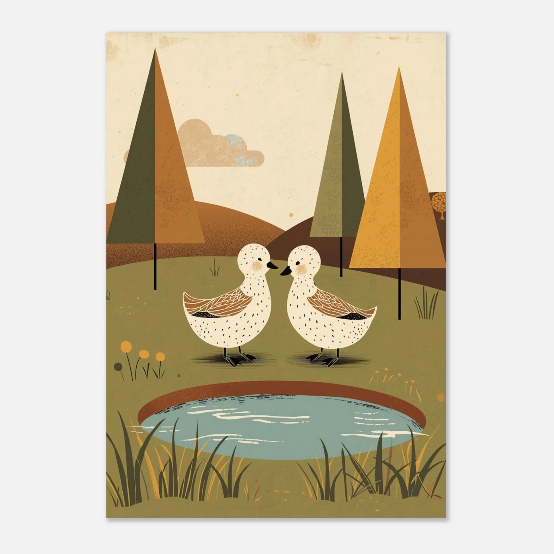 Illustration av ankor i en skog med geometriska träd och moln