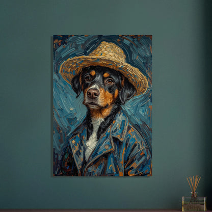 Porträtt av hund i stråhatt och blå jacka, konstnärlig målning.