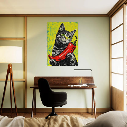 Modern väggkonst med en cool katt och röd chili i punkig stil – Retro poster