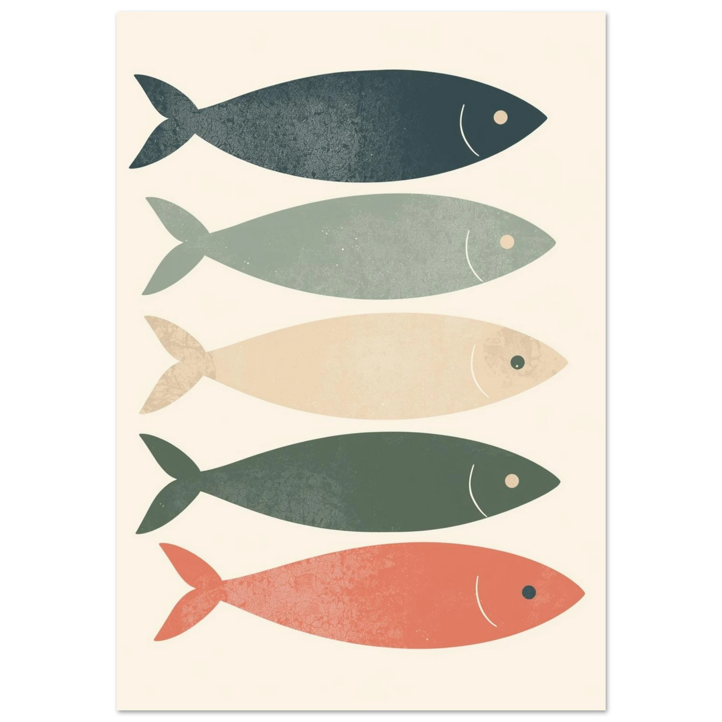 Fem färgglada sardiner i rad – minimalistisk fiskposter med retrokänsla