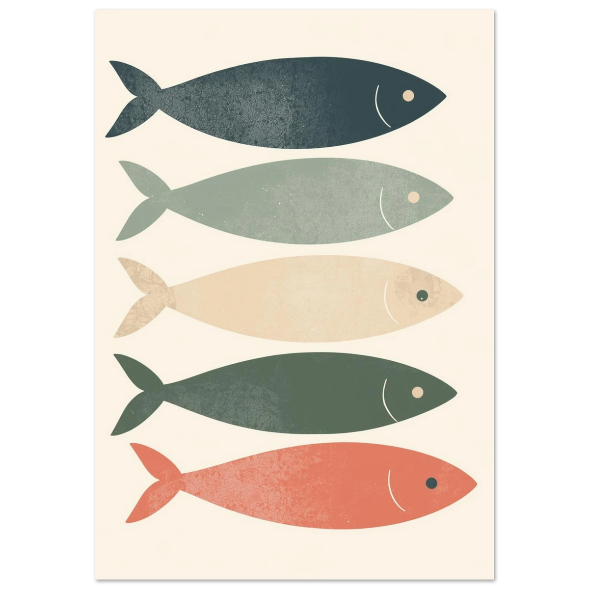 Fem färgglada sardiner i rad – minimalistisk fiskposter med retrokänsla