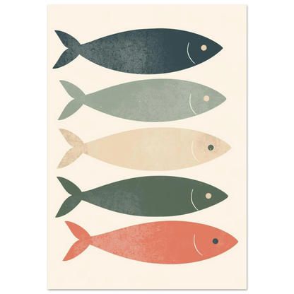 Fem färgglada sardiner i rad – minimalistisk fiskposter med retrokänsla