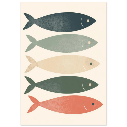 Fem färgglada sardiner i rad – minimalistisk fiskposter med retrokänsla