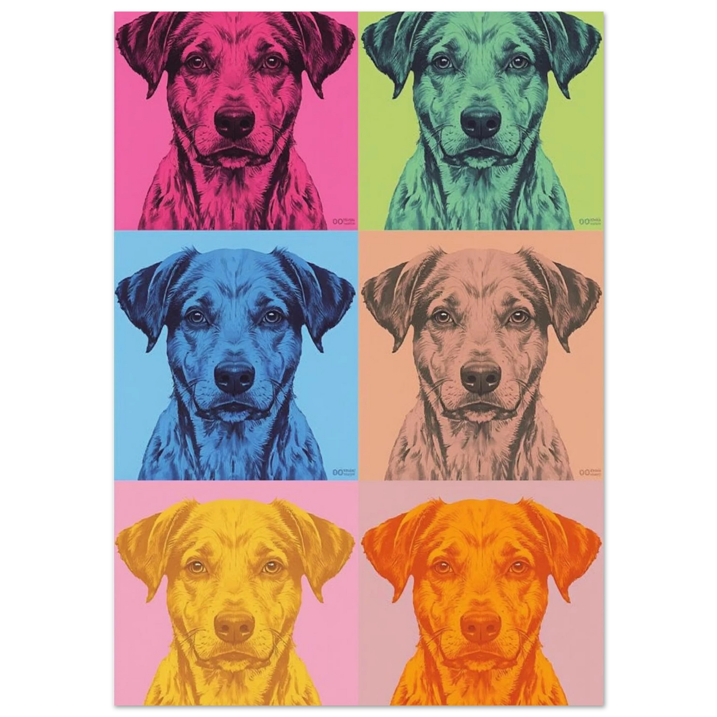 Modern djurposter föreställande en hund i sex olika starka färgskalor