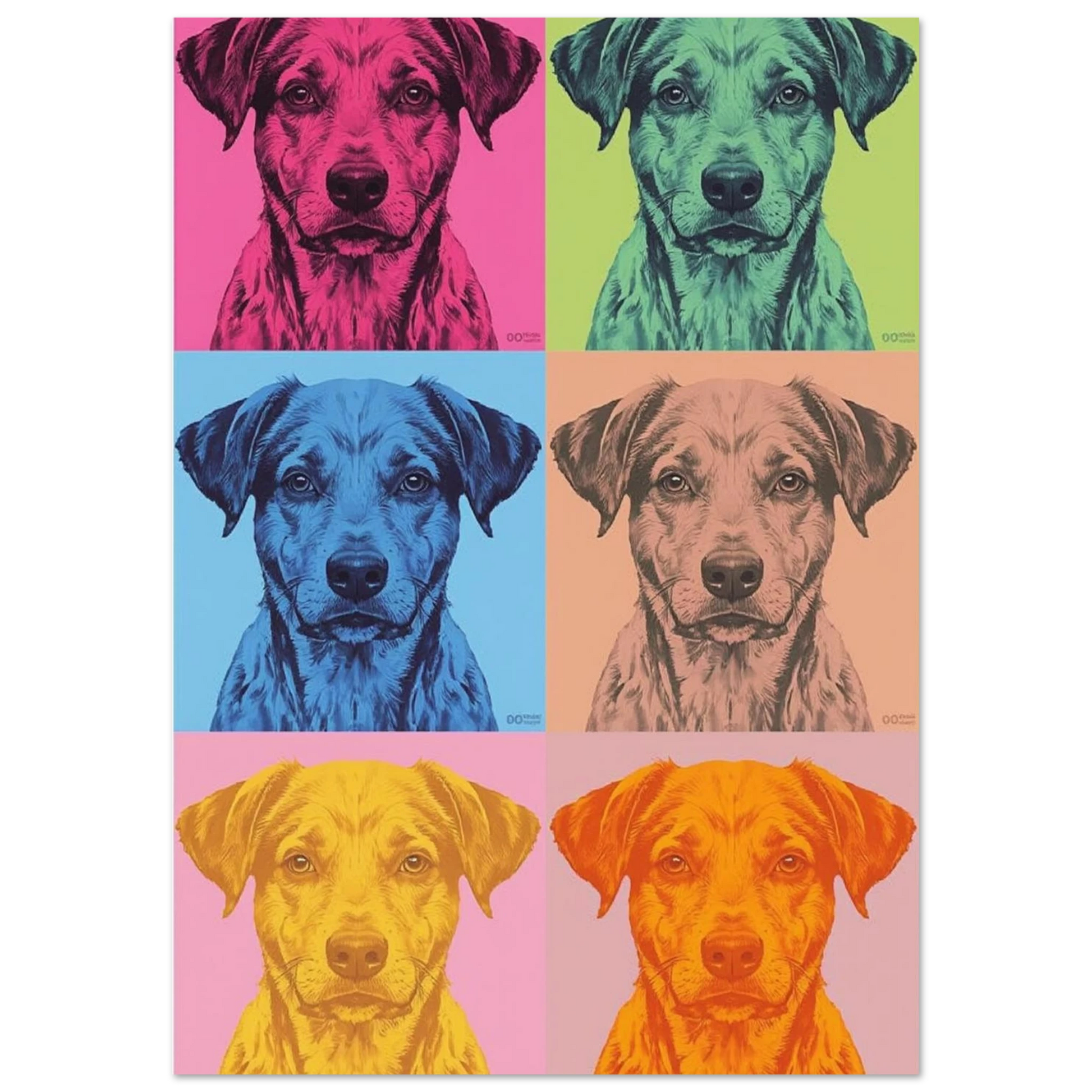Modern djurposter föreställande en hund i sex olika starka färgskalor